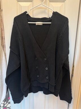 Free People Navy Double-Breasted Cable Knit V-Neck Sweater